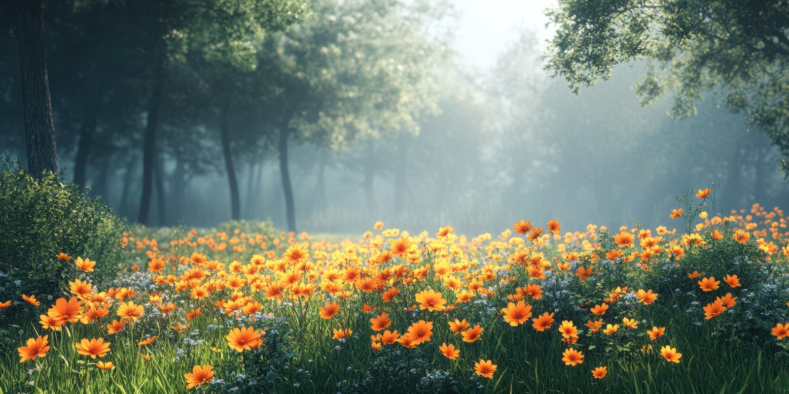 Vibrant wildflower meadow in early morning light surrounded by serene forest